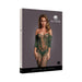 Packaging of Le Desir Lace Long-sleeved Bodystocking in midnight green featuring a model wearing the lace bodystocking with off-shoulder sleeves.