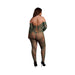 Plus size model wearing midnight green lace long-sleeved bodystocking with open back and high heels, shown from behind.