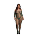 Plus size model wearing a midnight green lace long-sleeved bodystocking with off-shoulder design and floral pattern.