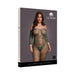Packaging of Le Desir Lace Long-sleeved Bodystocking in midnight green featuring a model wearing the sheer lace bodystocking with off-shoulder design.