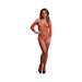 Woman wearing a sunset glow lace long-sleeved bodystocking with off-shoulder design and intricate floral pattern.