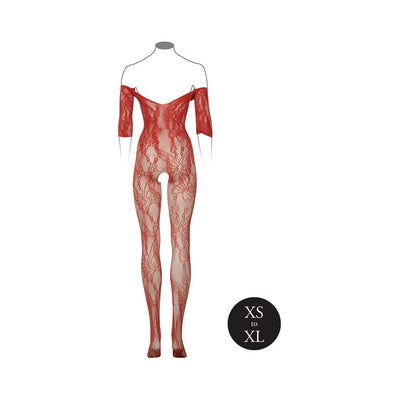 Red lace long-sleeved bodystocking with floral pattern and open crotch, shown on a mannequin outline, size XS to XL.