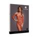 Packaging of Le Desir Lace Long-sleeved Bodystocking in sunset glow featuring a model wearing the lace bodystocking with off-shoulder sleeves.