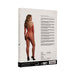 Packaging of Le Desir Lace Long-sleeved Bodystocking in sunset glow showing back view of model wearing the lace bodystocking with open shoulder design and high heels.