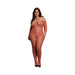 Plus size model wearing a sunset glow long-sleeved lace bodystocking with off-shoulder design and open crotch detail.