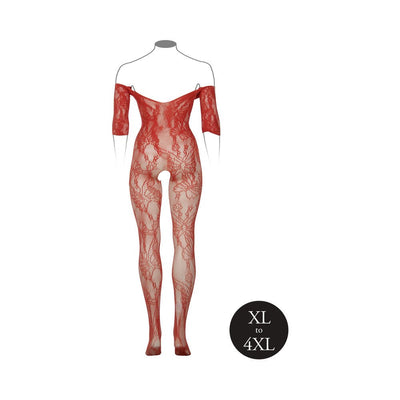 Red lace long-sleeved bodystocking with floral pattern and open crotch, shown on a mannequin outline, size XL to 4XL.