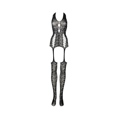 Black lace suspender bodystocking with halter neck, cut-out front, and attached thigh-high stockings.
