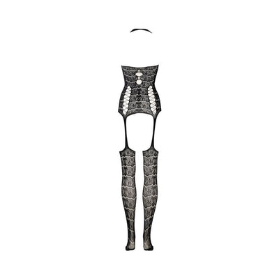Black lace suspender bodystocking with halter neck and intricate cut-out details on front and legs