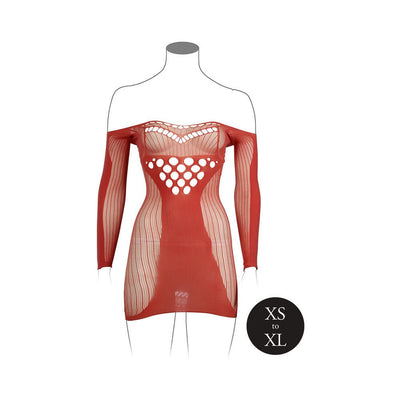 Sunset glow long-sleeved net mini dress with cut-out circle details and off-shoulder design, stretch fit XS to XL.
