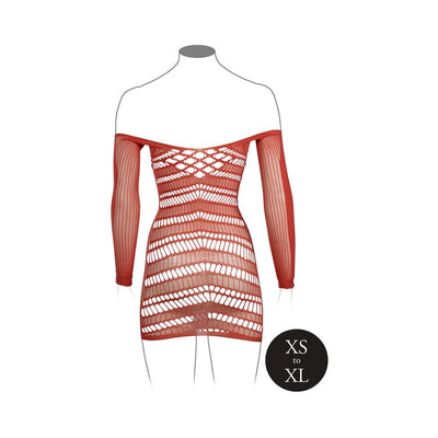 Sunset glow long-sleeved net mini dress with off-shoulder design and patterned cut-out details, fits sizes XS to XL.