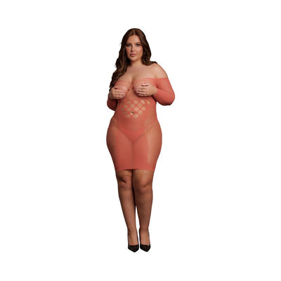 Plus size model wearing a sunset glow long-sleeved net mini dress with circular cut-out details and off-shoulder design.