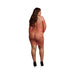 Curvy woman wearing a sunset glow long-sleeved net mini dress with cut-out details and black high heels, back view.