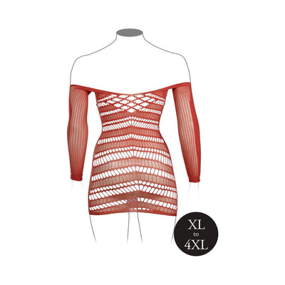 Sunset glow long-sleeved net mini dress with off-shoulder design and geometric cut-out patterns, available in XL to 4XL sizes.