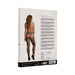Packaging of Le Desir shredded suspender pantyhose in midnight green showing back view of model wearing the fishnet style with garter straps.
