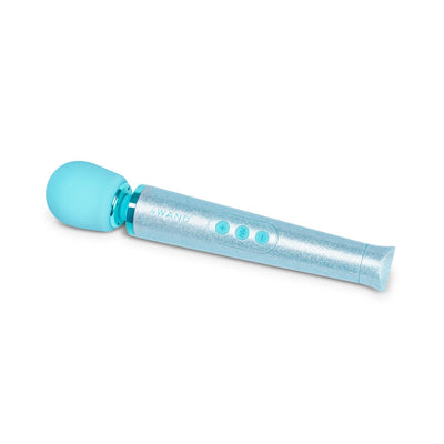 Le Wand All That Glimmers Petite wand vibrator in shimmering blue with three control buttons on the handle.