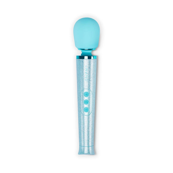 Le Wand All That Glimmers Petite wand vibrator in shimmering blue with three-button control on handle.
