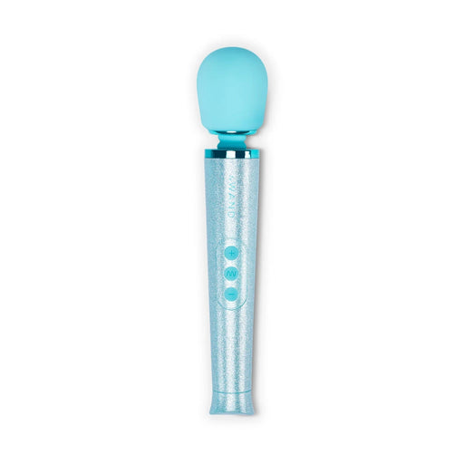 Le Wand All That Glimmers Petite wand vibrator in shimmering blue with three-button control on handle.