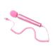 Pink glittery Le Wand Petite massager wand with coiled USB charging cable on white background.