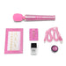 Le Wand All That Glimmers Set with pink glitter wand, USB charging cable, nail polish, body gel, enamel pin, and pleasure guide.