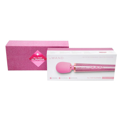 Le Wand All That Glimmers Petite rechargeable massager with glittery pink travel case and special edition packaging.