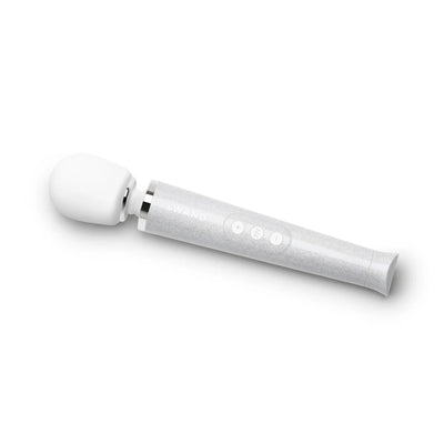 Sleek white Le Wand Petite wand vibrator with rounded head and three-button control on handle against white background.