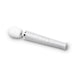 Sleek white Le Wand Petite wand vibrator with rounded head and three-button control on handle against white background.