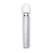 Silver glitter Le Wand Petite massager with white rounded head and three control buttons on the handle.