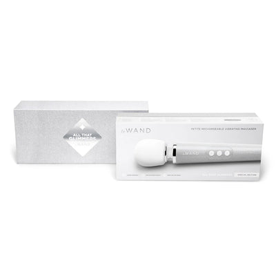 Le Wand All That Glimmers Petite rechargeable wand massager with glittery silver travel case and special edition packaging.