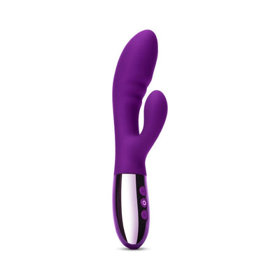Purple double-motor rabbit vibrator with curved shaft and control buttons on a silver base.
