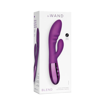 Packaging box of Le Wand Blend double-motor rabbit vibrator in purple with control buttons and product image.