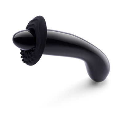 Black obsidian curved crystal G-wand with a textured silicone sleeve for enhanced external stimulation.