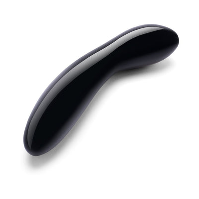 Sleek black obsidian curved crystal wand with a smooth, bulbous tip designed for precise G-spot stimulation.