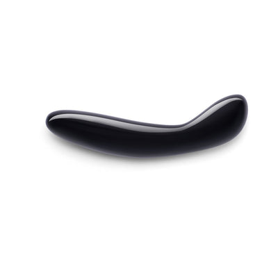 Sleek black obsidian curved crystal wand with a smooth, bulbous tip designed for targeted G-spot stimulation.