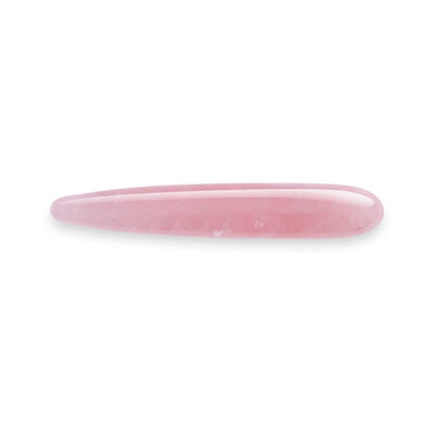Smooth pink rose quartz crystal wand with a slim, tapered shape for gentle massage and self-care.