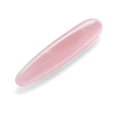 Smooth pink crystal wand with tapered tip and rounded base on white background