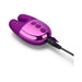 Le Wand Double Vibe in purple with dual motors and control buttons, shown connected to a charging cable.
