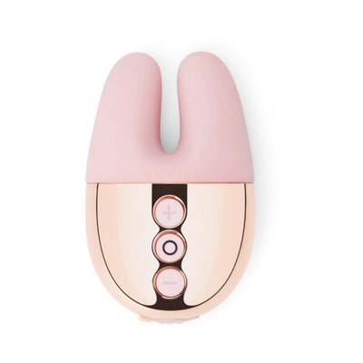 Compact Le Wand Double Vibe in soft pink with dual ears and rose gold control panel featuring three buttons.