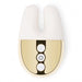 Compact white and gold Le Wand Double Vibe with dual prongs and three control buttons for adjustable vibration settings.