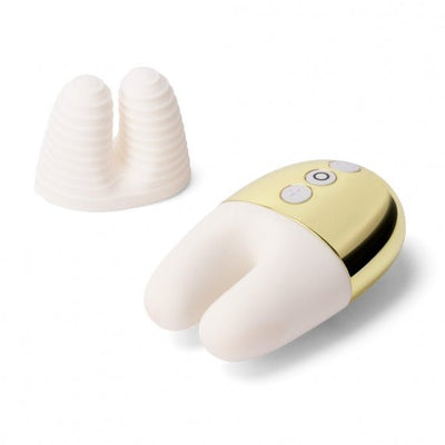 Le Wand Double Vibe with smooth white silicone bunny ears and an extra textured silicone sleeve on a white background.