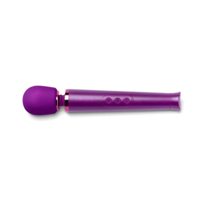 Purple Le Wand Petite rechargeable massager with control buttons on the handle against a white background.
