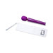 Purple Le Wand Petite rechargeable massager with control buttons next to a white storage pouch on a white background.