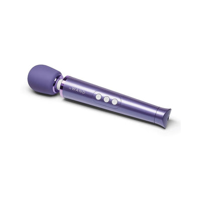 Le Wand Petite rechargeable massager in vibrant violet with control buttons on a white background.