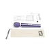 Purple Le Wand Petite rechargeable massager with USB charging cable, user guides, and beige travel pouch on white background.