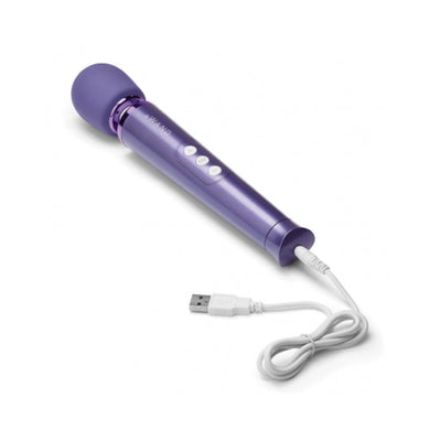 Purple Le Wand Petite rechargeable massager with USB charging cable on a white background.