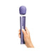 Hand holding a sleek violet Le Wand Petite rechargeable massager with a rounded head and control buttons.
