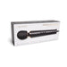 Le Wand Powerful Petite Plug-In Vibrating Massager in black with silicone head shown in retail packaging.