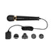 Le Wand Powerful Petite Plug-in massager in black with gold accents, long cord, and four interchangeable plug adapters.