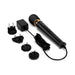 Le Wand Powerful Petite Plug-in massager in black with gold accent, long cord, and multiple international plug adapters.