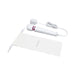 Le Wand Powerful Petite Plug-in massager in white with flexible head, attached power cord, and branded storage pouch.