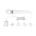 Le Wand Powerful Petite Plug-in massager with flexible head, long cord, and four interchangeable plug adapters on white background.